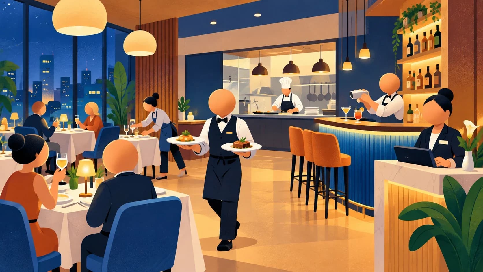Salão de restaurante à noite, com garçom, bartender, cozinheiro e recepcionista trabalhando